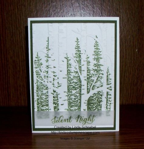 Simply Sunday: Silent Night created with the Wonderland stamp set and Woodland Textured Embossing folder. Makes a beautiful Christmas card or Masculine Birthday card. http://lindasstampinescape.com Tree Stamp, Ctmh Cards, Homemade Christmas Cards, Stampin Up Christmas Cards, Tree Cards, Embossed Cards, Christmas Cards To Make, Stamping Up Cards, Noel Christmas