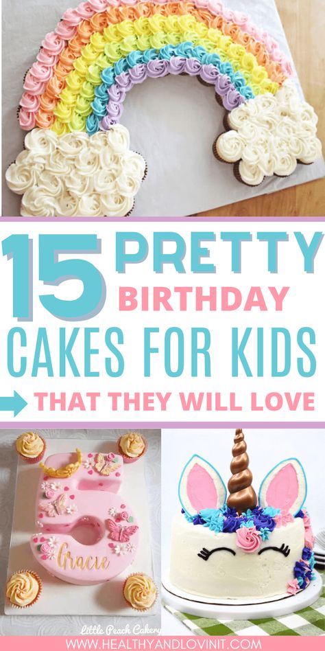 These birthday cake ideas for kids are so fun and cute! There are vanilla cakes, chocolate cakes, aesthetic cakes with buttercream frosting, easy birthday cakes, girly cakes, cakes for boys and an unicorn cake! There are quick simple homemade cake recipes and some harder unique cake designs. birthday party ideas, trendy cakes, beautiful cakes, cake decorating ideas How To Make A Number 2 Birthday Cake, Birthday Cakes Trendy, Cake Ideas For 6 Year Girl, Non Birthday Cake Ideas, Birthday Cakes For 5 Year Girl, Cute Cake Designs For Kids, Disney Princess Cake Ideas Simple, 3 Shaped Birthday Cake, Easy Birthday Cake Ideas For Kids