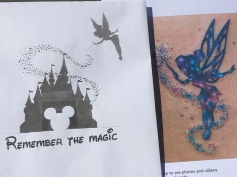 Disney castle with tinker bell. My next tattoo, but with the fairy dust coloured like the picture on the right Disney Castle Tinkerbell Tattoo, Walt Disney Castle, Disney Castle Tattoo, Castle Tattoo, Tinkerbell Disney, Disney Tattoo, Next Tattoo, Disney Castle, Disney Tattoos