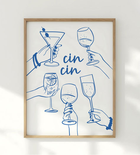 A retro "Cin Cin" cheers poster featuring blue hand-drawn illustrations of various cocktail and wine glasses, perfect for adding trendy Italy-inspired decor to a bar cart or kitchen. Wine Illustration, Retro Bar Cart, Wine Decor Kitchen, Cocktail Poster, Wine Print, Cart Decor, Italy Wall Art, Retro Bar, Illustration Doodle