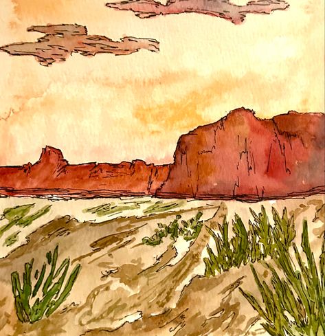 Desert Mountains Drawing, Watercolor Art Desert, Desert Watercolor Paintings, Desert Watercolor Simple, Desert Drawings, Desert Sketch, Fantasy Road, Watercolor Desert Landscape, Watercolor Anniversary Card