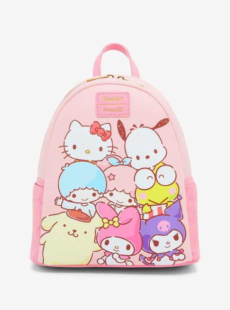 Hello Kitty and her friends are ready to go out with ya! This pink mini backpack has a group print of your Sanrio faves like Cinnamoroll  Pompompurin  Kuromi and more. Comes with side pockets that have an allover print of Sanrio characters  an interior drop pocket and adjustable straps.9" x 4 12" x 10 12"PolyurethaneInterior drop pocketSide pocketsImportedBy Loungefly Kawaii Hello Kitty Outfit, Purse Wishlist, Sanrio Loungefly, Hello Kitty And Her Friends, Pompompurin Kuromi, Loungefly Collection, Pink Mini Backpack, Loungefly Purse, Cinnamoroll Pompompurin