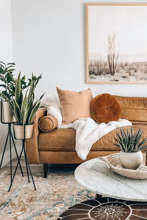 24 Home Decor Ideas To Update Your Home In 2024 - Decoholic Desert Living Room, Living Room Plants Decor, Living Room Design Boho, Forest Abstract, Living Room Plants, Leaf Painting, Painting Gold, Boho Living Room Decor, Mid Century Modern Living