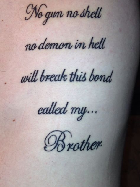 Brotherhood tattoo that my brothers and I got Brother Memorial Tattoo For Men, Veteran Memorial Tattoo, Brotherhood Tattoo Men, Little Brother Tattoo Ideas, Sibling Memorial Tattoos Brother, Dead Brother Tattoo, My Brother's Keeper Tattoo, My Sister Protector Tattoo, Brother Tattoo Quotes