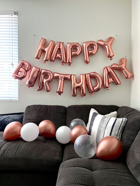 Rose gold foil “Happy Birthday” balloon banner, assorted balloons (rose gold, white, transparent) Balloons Rose Gold, Gold Birthday Decorations, Happy Birthday Balloon Banner, Rose Gold Birthday, Balloon Banner, Happy Birthday Balloons, Rose Gold White, Gold Birthday, Rose Gold Foil