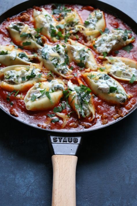 skillet-stuffed-shells-zucchini-mushrooms Zucchini And Mushrooms, Zucchini Mushrooms, Stuffed Shells Ricotta, Jumbo Pasta Shells, Eggplant Lasagna, Aol Mail, Stuffed Shells Recipe, Stuffed Pasta Shells, Stuffed Shells