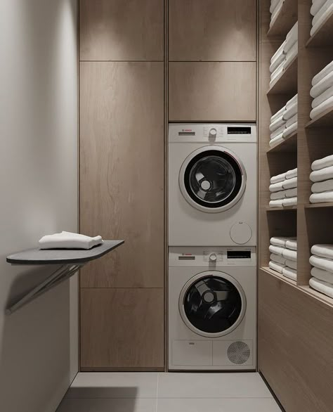 Contemporary Laundry Room, Small Utility Room, Stacked Laundry Room, Dream Laundry Room, Laundry Room Layouts, Laundry Design, Modern Laundry Rooms, Laundry Room Remodel, Laundry Room Inspiration