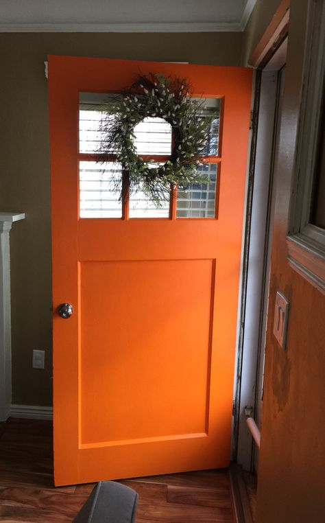 Love my orange door. Behr Crushed Orange. 250B-7 Orange Interior Door, Orange Front Door, Rental Renovation, Colored Doors, Orange Front Doors, Orange Paint Colors, Hall Painting, Orange Door, Behr Paint Colors