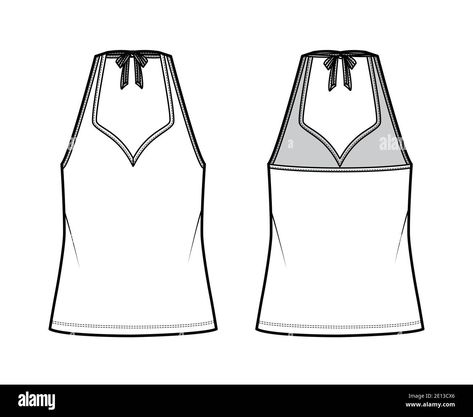 Download this stock vector: Tank halter sweetheart neck top technical fashion illustration with bow, oversized, tunic length. Flat apparel outwear template front, back, white color. Women men unisex CAD mockup - 2E13CX6 from Alamy's library of millions of high resolution stock photos, illustrations and vectors. Sweetheart Neck Top, Flat Drawings, Oversized Tunic, Boat Neck Tops, Backless Top, Technical Drawing, Sweetheart Neck, Tunic Length, Fashion Illustration