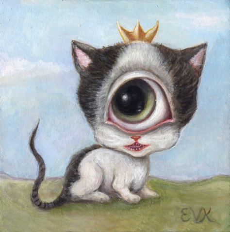 "Weird Cyclops Cat, Queen portrait, Pop Surrealism from Wibbley World This is a print of my original painting called \"SCHNENKY, Queen of some Good Cat Parts\" This is a portrait of my one eyed cat, Schnenky, who sadly has gone on to greener pastures.  I painted this as a gift for a Secret Santa Swap in an art group a few years ago, and let's just say I won't be doing another one of those any time soon, or ever.  That place was lousy with deadbeat Santas! But that's neither here nor there. Schne One Eyed Cat Drawing, Weird Paintings, Wicked Art, One Eyed Cat, Silly Kitties, Doodle Bugs, Juicy Lucy, Eye Ball, Painted Glasses