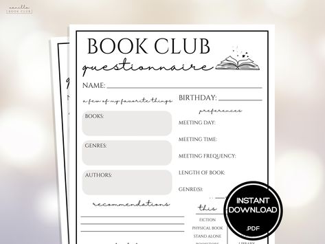 Book Club Games Questionnaire Book Club Ice Breaker Games Ladies Night Games Girls Night Game Book Club Meeting Activity Book Club Members by VanillaBookClub on Etsy Book Club Printables For Adults, Book Club Games, Ladies Night Games, Club Games, Girls Night Games, Meeting Activities, Night Games, Book Club Meeting, Easy Books