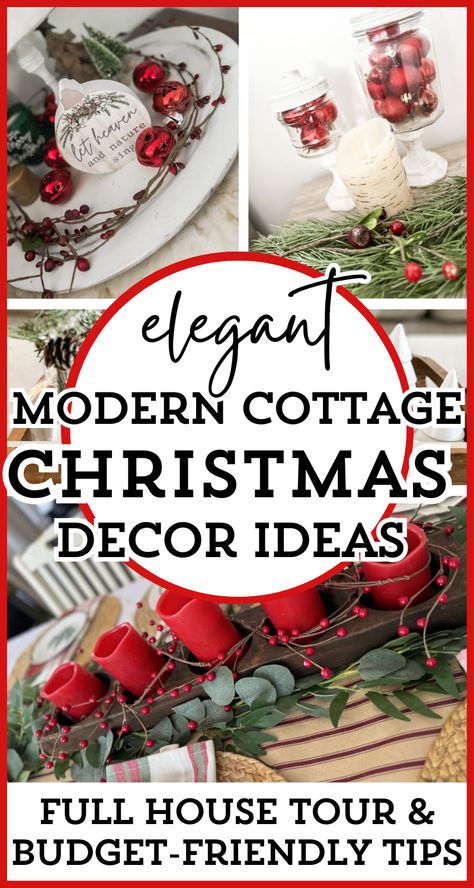 If you love a mix of cottagecore and modern rustic styles, here are Christmas decorating ideas! This is a full house tour, displaying cottage Christmas decor with a mix of modern rustic! Cozy, warm, inviting while being fresh and updated! All your favorite style blends for Christmas decorating ideas! Muted Red Christmas Decor, Christmas Red Decor Ideas, Cozy Holiday Decor Cottage Christmas, Modern Cottage Christmas, Cottage Christmas Decor Ideas, Modern Red Christmas Decor, Farmhouse Christmas Aesthetic, Cottage Core Christmas Aesthetic, Christmas Cottage Core Aesthetic