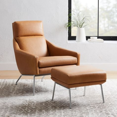 Austin Leather Armchair | West Elm Brick Apartment, Classic Armchair, Oversized Furniture, Teen Furniture, Chair And Ottoman Set, Ottoman Set, Room Planning, Leather Ottoman, Swivel Armchair