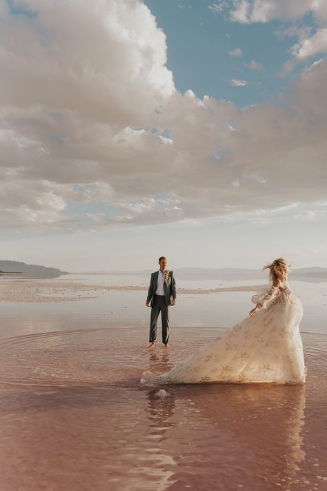 Wedding attire inspo + utah pink lake + groom lapel florals + floral wedding dress + pearl wedding dress + candid photos Pink Lake Utah Photoshoot, Salt Flats Wedding, Wedding Dress Pearl, Kansas Wedding, Lake Photoshoot, Pearl Wedding Dress, Dress Pearl, Blush Wedding Dress, Pink Lake