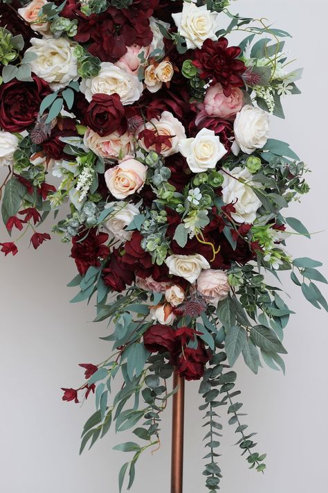 Burgundy Wedding Pink Peonies Blush Pink Roses Flower Arch - Etsy Pergola Flowers, Flower Arch Arrangement, Champagne Wedding Flowers, Blush Pink Wedding Flowers, Faux Flowers Wedding, Arch Arrangement, Burgundy And Blush Wedding, Blush Pink Roses, Red Wedding Flowers