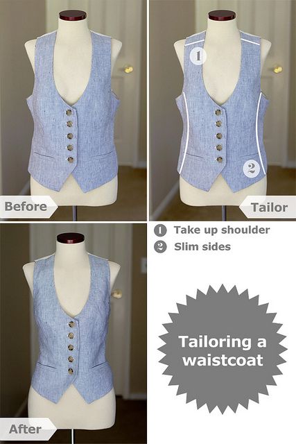 tailoring a waistcoat - alterations by Alterations Needed, via Flickr Vest Alterations, Sewing Times, Sewing Hobbies, Sewing Refashion, Diy Vest, Recycling Clothes, Clothing Alterations, Sewing Shorts, Construction Techniques