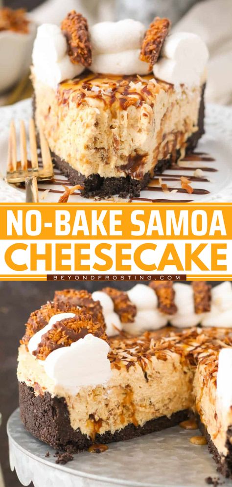 This No-Bake Samoa Cheesecake is a light and fluffy caramel cheesecake in an Oreo crust packed with toasted coconut, shortbread cookies, and a caramel and chocolate swirl. Cheesecake With Shortbread Crust Recipe, No Bake Rolo Cheesecake, Almond Joy Cheesecake Recipe, Unique Cheesecake Flavors, Unusual Desserts, Coconut Shortbread Cookies, No Bake Caramel Cheesecake, Samoa Cheesecake, No Bake Cheesecake Recipes