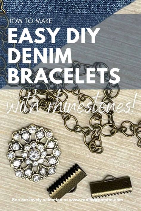 How to Make an Easy DIY Denim Bracelet with Rhinestones Upcycled Denim Jewelry, Blue Jean Jewelry Diy, Denim Bracelets Diy Old Jeans, Jean Diy Upcycle, Denim Jewelry Diy, Upcycle Jewelry Ideas, Diy Cuff Bracelets, Jean Bracelets, Diy Jeans Upcycle