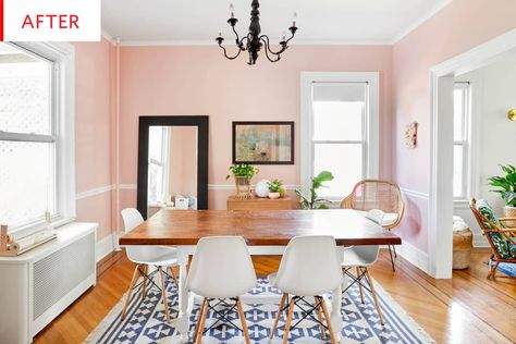 Before & After: A Dining Room That Proves Pink Can Do Anything | Apartment Therapy Pink Dining Room, Pink Dining Rooms, White Round Tables, Mom Of Three, Tile Countertops, Beautiful Dining Rooms, Happy Hours, Dining Nook, Well Decor