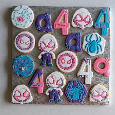 Ghost Spider Cake Pops, Ghost Spider 3rd Birthday, Ghost Spider Party Favors, Gwen Spiderman Birthday Party, Gwen Spidey Party, Ghost Spider Birthday Party Food, Spider Gwen Birthday Party Ideas, Girl Spidey Birthday Party, Girl Spider Man Birthday Party