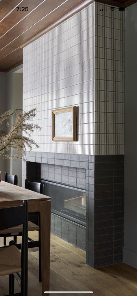 Fireplace With Shiplap Above, Electric Fireplace Tile, Beachy Fireplace, Terrazzo Fireplace, Fireplace Tile Ideas Modern, Mid Century Fireplace Makeover, Statement Fireplace, Japandi House, Tiled Fireplace