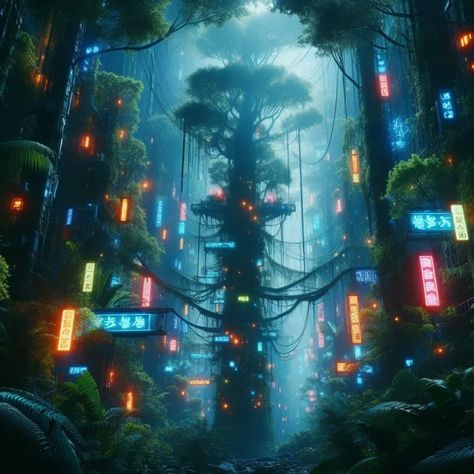 Tropical forest – Xandr Focart Sci Fi Forest, Cyberpunk Forest, Space Forest, Tokyo Streets, Fantasy Concept, Splash Screen, Tropical Forest, Matte Painting, Fantasy Concept Art