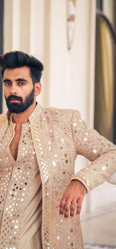 Indian Engagement Outfit For Groom, Engagement Men Outfit Indian, Mens Ethnic Wear Wedding Indian Groom, Men Engagement Outfit Indian Grooms, Abhinav Mishra Mens Wear, Sangeet Groom Outfit, Sangeet Outfit For Men Indian Groom, Mehendi Outfits For Men, Sangeet Outfit For Groom