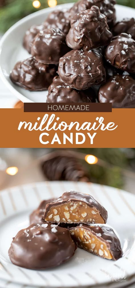 Unwrap the secret to perfect holiday candy with this Millionaire Candy recipe! Classic caramel gets a nutty twist with toasted pecans and is elegantly draped in smooth milk chocolate. A must-try homemade treat for all your festive gatherings and gift-giving needs. Taste Of Home Candy Recipes, Million Dollar Candy, Candy Recipes Homemade Christmas, Magic Candy Recipe, Easy Chocolate Candy, Nut Candy Recipes, Xmas Chocolate Ideas, Carmel Recipe Candies, Chocolate Candies Homemade