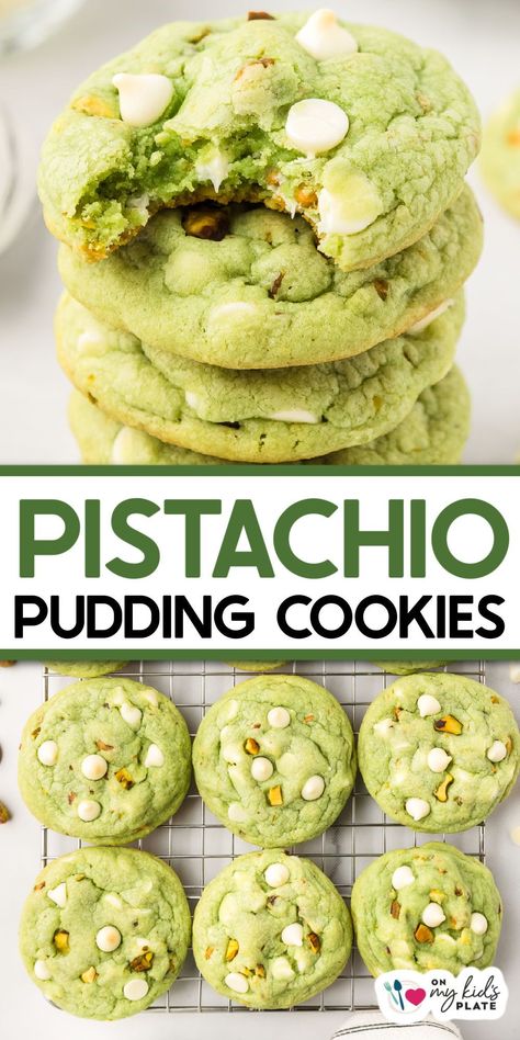 Pistachio pudding cookies are a soft and chewy cookie with a secret ingredient that makes these nutty cookies extra special. These cookies are perfect as Christmas cookies, for St. Patrick's Day, for Halloween or any day for an easy cookie recipe that feels special. Instant Pistachio Pudding Recipes, Elvis Pudding Cookies, Cookies Made With Pudding, Pistachio Pudding Dessert, Shamrock Pretzels, Pistachio Pudding Cookies, Cookies With White Chocolate Chips, Holiday Potluck, Cookies With White Chocolate