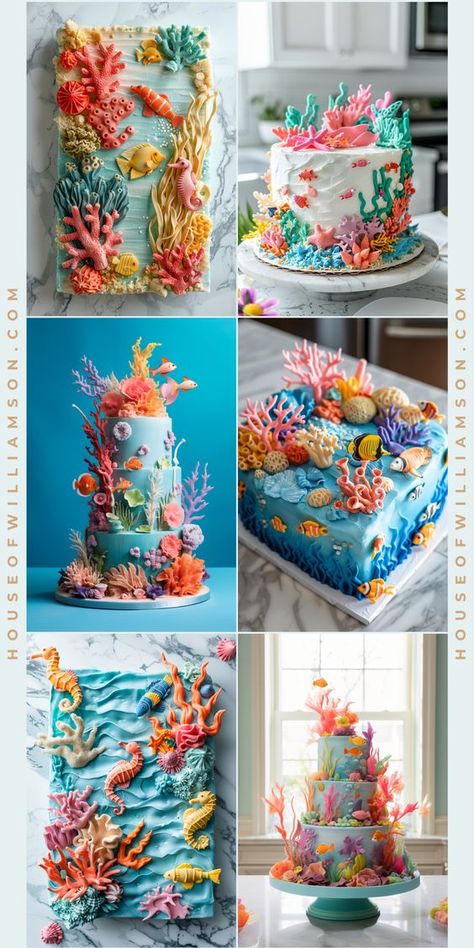 Dive into under the sea cake inspiration with photos and ideas showcasing colorful marine life, cute sea creatures, and beautiful coral designs made from edible decorations. Coral Reef Birthday Party, Geography Cake, Undersea Cake, Under The Sea Cake Ideas, Under The Sea Themed Food, Underwater Birthday Cake, Under The Sea Cakes, Under The Sea Theme Cake, Under The Sea Birthday Cake