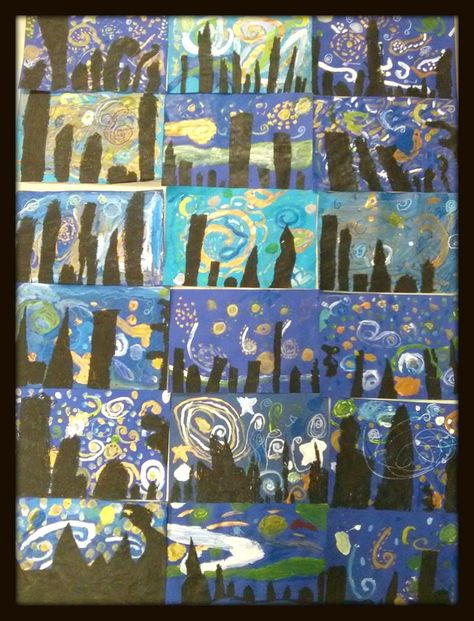 1st Grade Starry Nights | Young Art Love Starry Night Kids Art, Grade 1 Art, Elementary Art Rooms, First Grade Art, Kindergarten Art Lessons, Night Sky Art, Starry Night Art, 2nd Grade Art, Classroom Art Projects