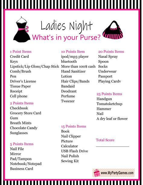 Free Printable What’s in your Purse? Ladies Night Game Whats In Your Purse Game Printable Free, What’s In Your Purse, Ladies Night Party Games, Ladies Night Ideas, Purse Game Printable, Kid Holiday Games, Games For Ladies Night, Ladies Night Games, Crop Ideas