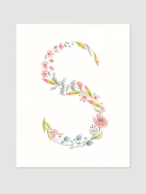 Letter S flower giclee print watercolor painting, peach color, initial monogram illustration kids wa Teal Art, Illustration Kids, Floral Initial, Mural Ideas, Watercolor Lettering, Seni 3d, Spring Prints, Initial Monogram, Flower Letters