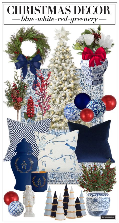 Blue Red White Christmas Tree, Red White Blue Christmas Decor, Blue Beach Christmas Decor, Navy Couch Christmas Decor, Christmas Decor Ideas Blue And Red, Christmas Decor Screened Porch, Blue And White Christmas Decor Outdoor, Navy Blue And Red Christmas Decor, Blue White Red Christmas