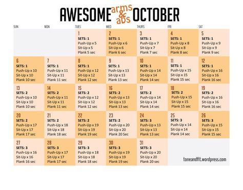 Awesome Arms and Abs October Workout - should try this this month to start weaning on to resistance training October Challenge, Exercise Challenge, Night Beauty Routine, Month Challenge, Beauty Routine Checklist, Monthly Challenges, Six Pack Abs Workout, Arms And Abs, Fitness Challenges