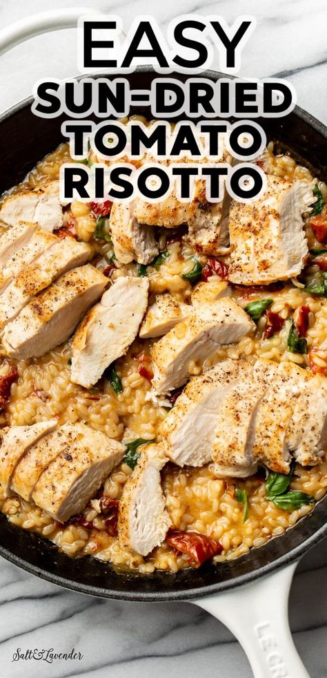 You can have a restaurant-worthy meal with this easy risotto recipe! It has basil, sun-dried tomatoes, cheese risotto, and pan-fried chicken. The quick cook risotto makes this dinner completely hassle free! Sponsored by DeLallo. Risotto And Chicken Recipes, Chicken Rissoto Recipe, Red Wine Risotto Recipes, Chicken And Risotto Recipes, Chicken Risotto Recipes, Chicken And Risotto, Crockpot Risotto, Chicken Risotto Recipe, Risotto Chicken