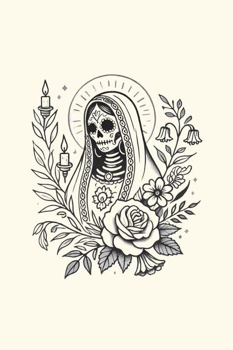 Santa Muerte Tattoo, Sugar Skull Art Drawing, Mexican Graphic Design, Mexican Tattoo, Catrina Tattoo, Traditional Tattoo Inspiration, Mexican Art Tattoos, Occult Tattoo, Red Ink Tattoos