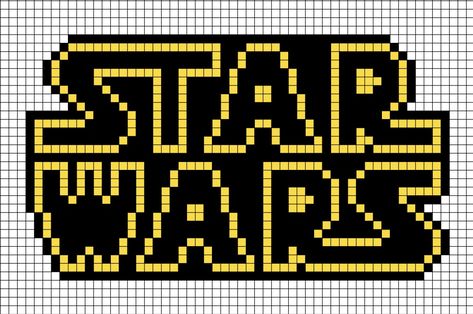 A pixel art template of the Star Wars logo with the yellow outline, introduced from 1977. Pixel Art Pattern Star Wars, Star Wars Grid Pattern, Star Wars Tapestry Crochet, Star Wars Bead Pattern, Star Wars Pixel Art Grid, Star Wars Alpha Pattern, Starwars Pixelart, Perler Beads Star Wars, Star Wars Pixel Art