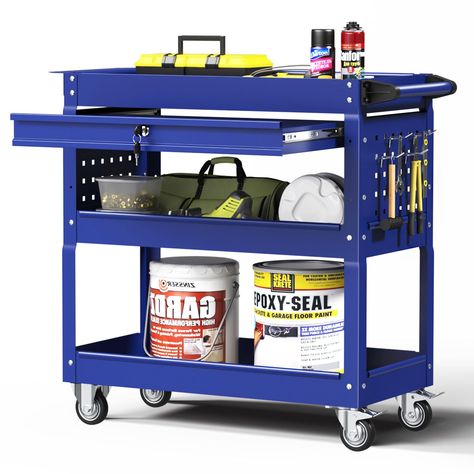 PRICES MAY VARY. 🔧PREMIUM QUALITY MATERIAL: This tool cart is made of high quality thickened steel, coated with high quality paint for excellent rust resistance. It can hold up to 330 lbs and is sturdy and durable. 🔧LARGE STORAGE CAPACITY: The cart has three spacious trays, one locking drawer and two side panels with hooks for extra storage. It can be used for storing different tools, and it also ensures the safety of your tools. 🔧EASY TO MOVE: The tool cart is equipped with four universal ca Metal Utility Cart, Cart On Wheels, Tool Cart, Utility Cart, Large Storage, Extra Storage, Side Panels, Panel Siding, Rust