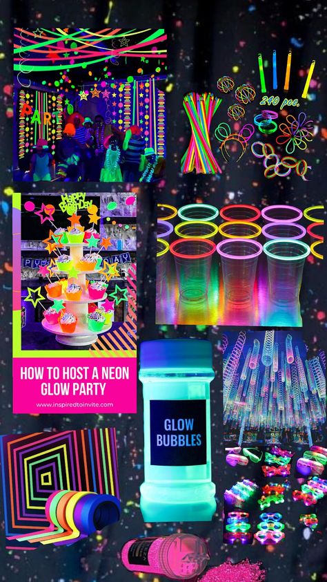 ♡♡♡♡ my glow party ♡♡♡♡ 13 Neon Party, Colored Party Ideas, Glow Party Pinata, Neon Birthday Party Sleepover, Sweet 16 Neon Party Ideas Decoration, Glow Night Party, Glow Disco Party, House Party Entertainment Ideas, Neon 18th Birthday Party