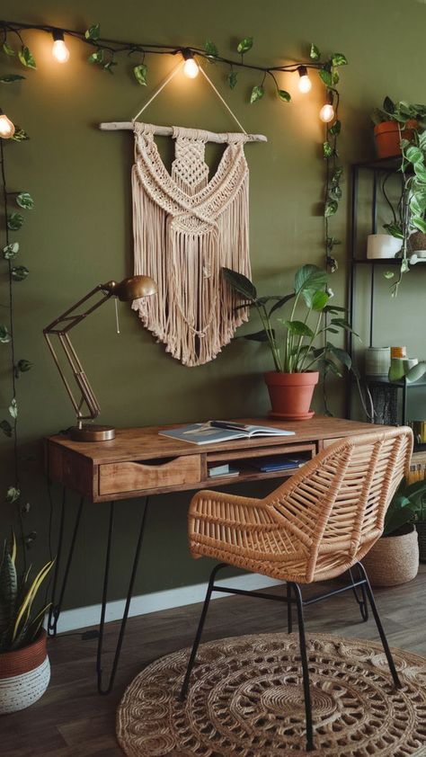 Add boho jungle vibes with lush plants, earthy textures, and jungle theme art for a serene, productive space. 🪴 Jungle wallpaper and safari decor can add a unique charm to your office! 🌱🌴 Let’s turn your home office into a creative oasis! 🖌️ Curious about the ultimate jungle theme transformation? 🌿🦁🖼️ #bohojungle #bohemianofficespace #bohoofficedecoratwork #modernbohoofficedecor #bohemianhomeoffice #junglehomedecor #earthyhome #jungleroomideas Bohemian Office Space, Bohemian Home Office, Rustic Home Offices, Safari Decor, Home Office Design Ideas, Office Design Ideas, Earthy Home, Work Space Decor, Luxe Interiors