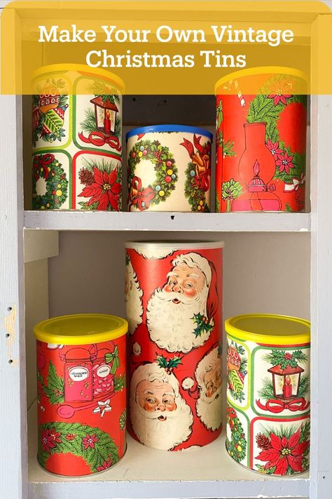 Who doesn’t love a vintage Christmas tin? Let’s make some ourselves by upcycling canisters into retro holiday decorations. We’ll wrap the recyclables in vintage wrapping paper to make them look like tins! This is an easy craft that anyone can DIY. You can use these tins as home decor or to put baked goods inside to give away as a holiday gift! Christmas Tin Can Crafts Ideas, Vintage Christmas Decorations Diy, Dollar Store Christmas Crafts, Vintage Christmas Wrapping Paper, A Vintage Christmas, Wrapping Paper Crafts, Dollar Store Christmas, Vintage Wrapping Paper, Retro Holiday