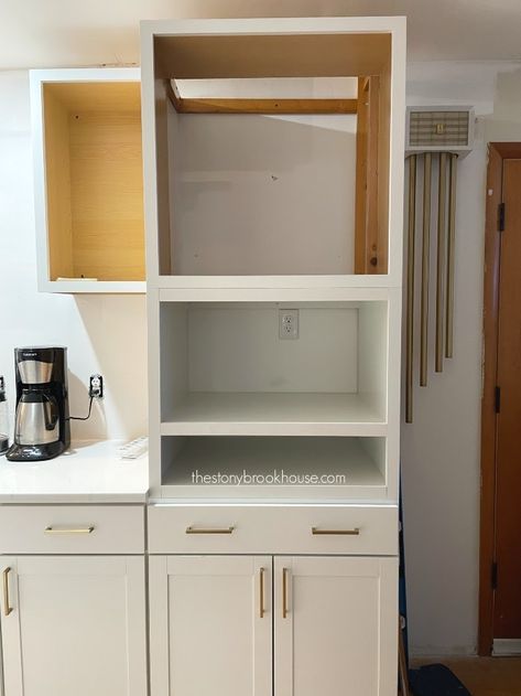 Building Microwave cabinet space Inside Cabinet Microwave, Best Place For Microwave In Kitchen, Diy Microwave Cabinet, Retrofit Cabinet For Microwave, Microwave Location Ideas, Where To Put The Microwave, Over Srove Microwave No Cabinets, Dyi Microwave Cabinet, Over The Stove Microwave