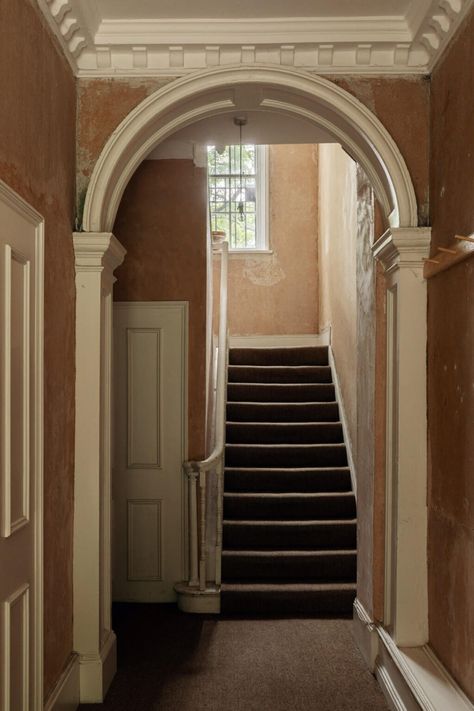 A Serene Period Home in London with Garden 21 Light Pink Walls, Georgian Terrace, Dark Grey Kitchen, Dentil Moulding, Raised Patio, Off White Walls, One Bedroom Flat, Slanted Ceiling, Living Room Door