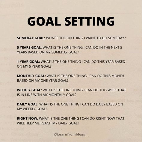 Goal Setting Plan SOMEDAY GOAL: WHAT'S THE ON THING I WANT TO DO SOMEDAY? 5 YEARS GOAL: WHAT IS THE ONE THING I CAN DO IN THE NEXT 5 YEARS BASED ON MY SOMEDAY GOAL? 1 YEAR GOAL: WHAT IS THE ONE THING I CAN DO THIS YEAR BASED ON MY 5 YEAR GOAL? MONTHLY GOAL: WHAT IS THE ONE THING I CAN DO THIS MONTH BASED ON MY ONE-YEAR GOAL? WEEKLY GOAL: WHAT IS THE ONE THING I CAN DO THIS WEEK THAT IS IN LINE WITH MY MONTHLY GOAL? DAILY GOAL: WHAT IS THE ONE THING I CAN DO DAILY BASED ON MY WEEKLY GOAL... Monthly Goal, Weekly Goals, Relationship Questions, Monthly Goals, Self Concept, Daily Goals, Manifestation Board, Goal Planning, Critical Thinking Skills