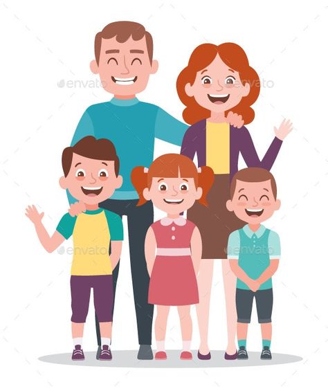 Family portrait. Parents with three kids. Family Of 5 Cartoon, Mother And Children, Kindergarten Decorations, Data Form, Person Drawing, Poor Family, Family Drawing, Boy Illustration, 5 Kids