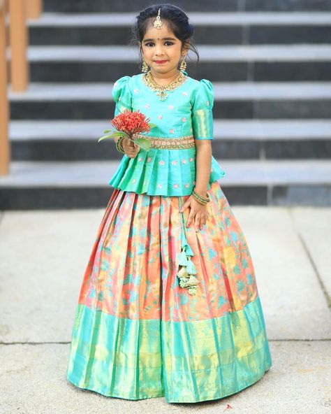 Kids lehangas Lehenga Design For Kids Girl, Pattu Langa For Baby Girl, Kids Langa Jacket Designs, Pattu Langa Designs For Kids, Latest Pattu Pavadai Designs, Pattu Pavadai Designs For Teenagers, Pattu Pavadai Designs For Kids, Kids Pattu Langa Designs Latest, Lehenga Blouse Designs For Kids