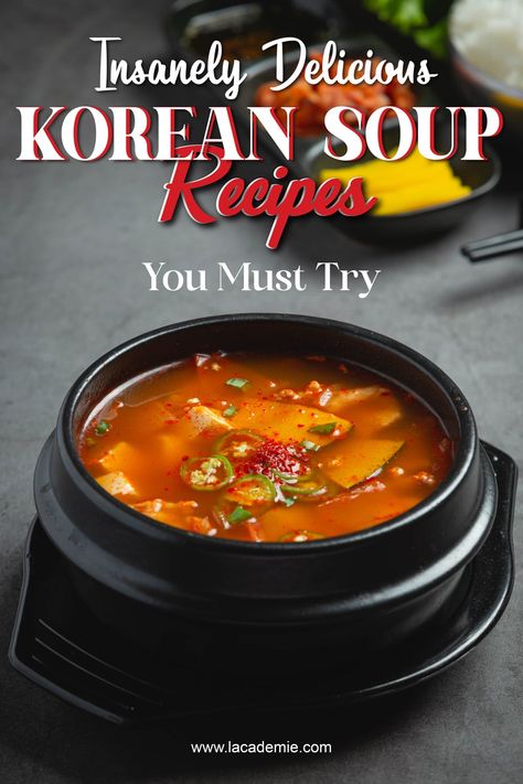 Korean soup recipes, one can expect to see a combination of bold flavors and hearty ingredients. From the fiery kick of kimchi stew to the mild and earthy taste of doenjang soup, these recipes showcase the rich culinary heritage of Korean cuisine. Meat or seafood serves as the main protein, while staples like gochujang, soy sauce, and mushrooms provide depth and richness. Korean Miso Soup Recipe, Korean Beef Soup Recipe, Spicy Korean Soup, Kimchi Soup Recipe, Korean Soup Recipes, Soup Base Recipe, Kimchi Soup, Korean Food Side Dishes, Gochujang Recipe