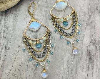 Threader Earrings and Gemstone Necklaces by cristysjewelry on Etsy Gold Feather Necklace, Boho Chandelier, Mountain Earrings, Beachy Summer, Silver Chandelier Earrings, Rainbow Moonstone Necklace, Earrings Rose Gold, Mixed Metal Jewelry, June Birthstone Jewelry