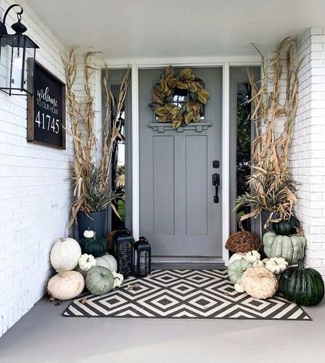 Embrace the Season: Decorating Your Front Porch for Fall — Kevin Szabo Jr Plumbing - Plumbing Services│Local Plumber│Tinley Park, IL Small Porch Fall Decorating Ideas, Porch Fall Decorating Ideas, Fall Front Door Decor, Swiss Coffee, 2023 Color, Fall Front Porch Decor, Fall Front Door, Small Front Porches, Small Porches